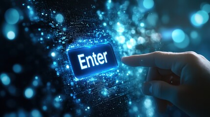 Poster - Futuristic Interface Showing Glowing Enter Button with Digital Particles and Human Finger Ready to Engage in Technology Interaction