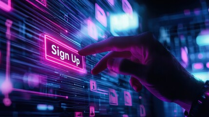 Poster - Futuristic Hand Reaching for Digital Sign Up Button in Neon Colors Surrounded by Abstract Data and Technology Nightscape with Glowing Elements