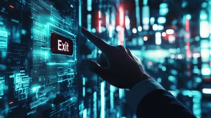Poster - Futuristic Concept of User Interaction with Digital Display Showing Exit Button in Cyber Environment for Technology and Innovation Themes