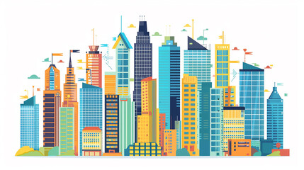 Poster - Modern City illustration isolated at white with space for text. Success in business, international corporations, Skyscrapers world finance money exchange business , Global network modern creative tele