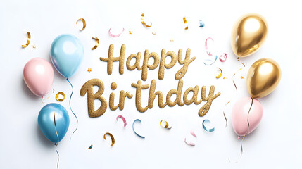 Poster - Elegant cursive 'Happy Birthday' lettering in a metallic or glitter font, with helium balloons floating at different angles