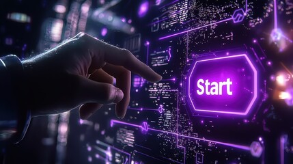 Poster - Futuristic Interface with Interactive Hand Touching Start Button in a High-Tech Environment for Digital Innovation and Technology Themes