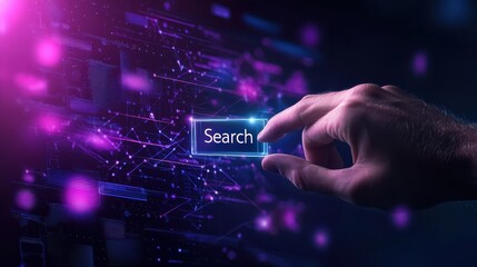 Poster - Abstract representation of digital searching process with a hand pressing a glowing search button surrounded by vibrant data points and connections in a tech-inspired environment