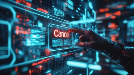 Poster - Futuristic Interface with Cancel Button Highlighted in Red as a Hand About to Press It in a High-Tech Environment of Bright Neon Colors