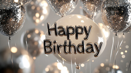 Poster - Sparkly glitter 'Happy Birthday' text with metallic balloons reflecting the light, giving a glamorous, party feel
