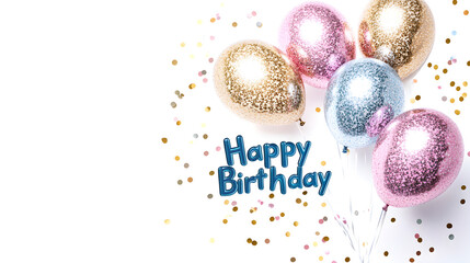 Poster - Sparkly glitter 'Happy Birthday' text with metallic balloons reflecting the light, giving a glamorous, party feel
