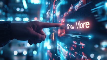 Poster - Close-Up of a Human Hand Tapping on a Digital Screen with Brightly Lit Show More Text in a Futuristic Interface Setting