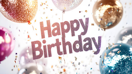 Poster - Sparkly glitter 'Happy Birthday' text with metallic balloons reflecting the light, giving a glamorous, party feel