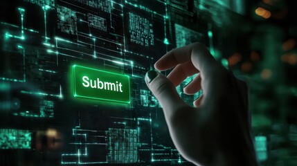 Poster - Futuristic Hand Reaching for Submit Button on a Digital Interface Displaying Complex Data and Binary Code, Symbolizing Technology and Online Interactions