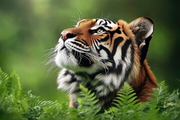 Wall Mural - Majestic tiger gazing upwards in lush green foliage