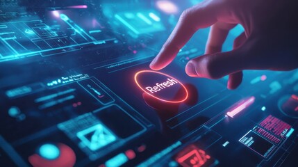 Poster - Futuristic User Interface Interaction with Neon Elements and Refresh Button Highlighted, Showcasing Advanced Technology and Digital Empowerment in a Virtual Environment