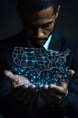 Poster - Businessman holding hologram of united states of america map