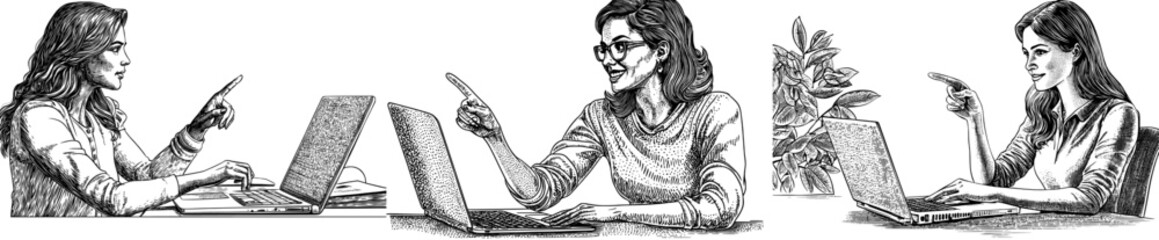 Poster - Angry businesswoman works at laptop computer. Professional employee at notebook computer. Remote freelancer communicating online. Isolated flat modern illustration.