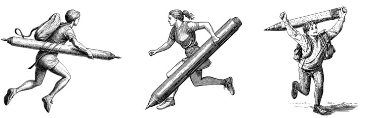 digital art illustrator holding huge electronic pen, sketching and drawing. professional illustrator