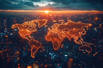 Aufkleber - Glowing world map connecting global cities at sunset