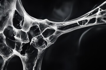 Poster - Intricate Close-Up of Fine Spider Web with a Mysterious Dark Background, Highlighting the Delicate Structure and Unique Patterns of Nature’s Craftsmanship in Macro Photography