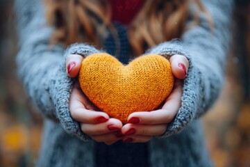 Wall Mural - Woman holding orange knitted heart in hands, showing love and care