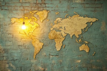  Light bulb illuminating world map on brick wall promoting global awareness