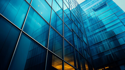 Wall Mural - A fragment of a modern office building in the capital .glass buildings with cloudy blue sky background .modern office building A modern glass building reaches towards a blue sky, reflecting clouds an
