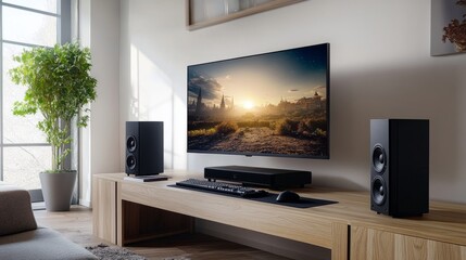 Poster - A gaming room setup with a large monitor, RGB lighting on the desk, and elegant black speakers for a premium look