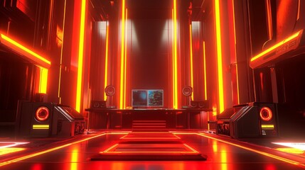 Poster - A gaming station with a powerful PC, compact speakers, and dynamic red and yellow neon lights illuminating the room