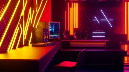 Poster - A gaming station with a powerful PC, compact speakers, and dynamic red and yellow neon lights illuminating the room