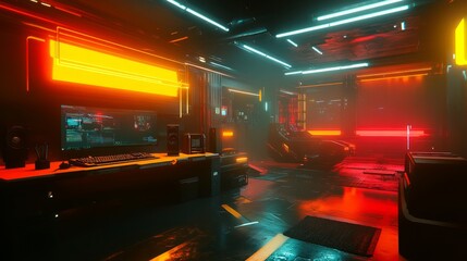 Poster - A gaming station with a powerful PC, compact speakers, and dynamic red and yellow neon lights illuminating the room