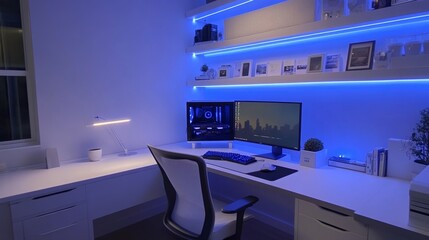 Poster - A modern gaming space with a white desk, stylish computer setup, and soft blue neon lights under shelving