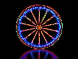 Poster - Vibrant Neon Wheel Design Illuminated in Colorful Lights with a Glossy Reflection on a Dark Background for Creative and Decorative Uses