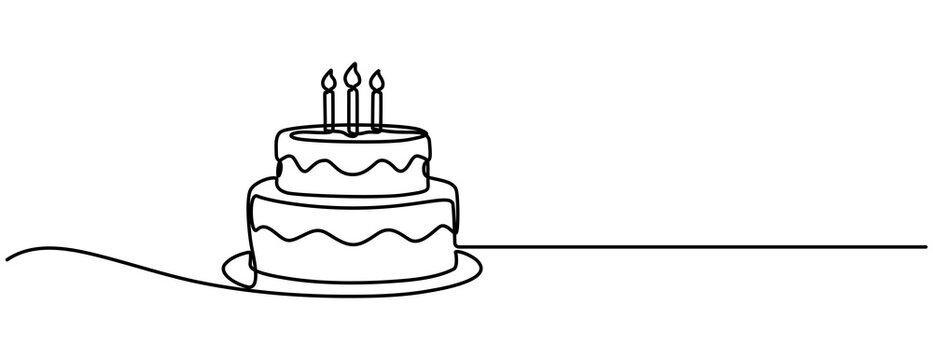Continuous one Line Drawing of Happy Birthday cake Icon. Hand Drawn Symbol Vector Illustration.Continuous Line Drawing of Cake Icon. Birthday cakes line icon. Candy, sugar, chocolate, bakery, party, 
