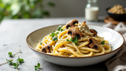 A plate of homemade Mafaldine pasta with mushrooms and fresh parsley garnish.