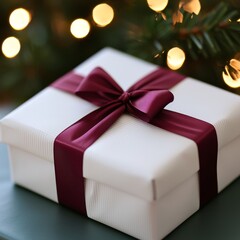 Wall Mural - Elegant white gift box with burgundy ribbon, bokeh lights.