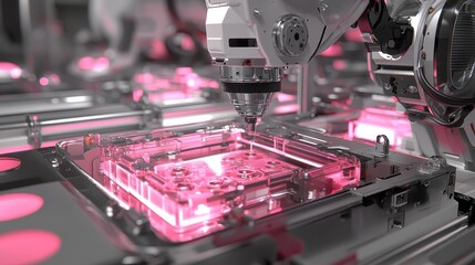 Poster - High-Tech Robotic Arm Engaged in Precision Manufacturing Process in Futuristic Factory with Neon Lighting and Advanced Equipment