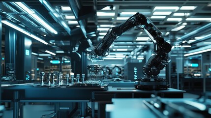 Poster - Advanced Industrial Robotic Arm Working in a High-Tech Production Facility with Bright Blue Lighting and Modern Machinery for Automation and Efficiency