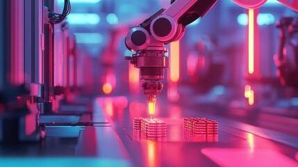 Poster - Advanced Robotic Arm in a High-Tech Factory Performing Precision Assembly with Neon Lights and Futuristic Design for Automation Technology
