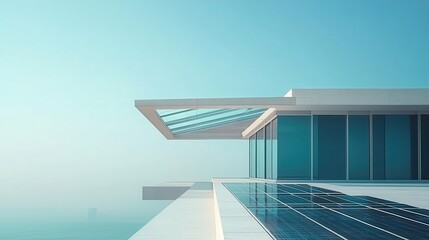 Poster - Modern Architectural Design Featuring Roof Overhang and Solar Panels in a Minimalist Setting Under a Clear Sky with Ocean View