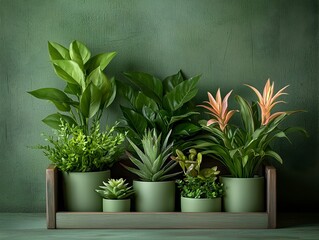 Poster - Handcrafted wooden planter box showcasing a curated selection of potted plants with a mix of textures and shades of green