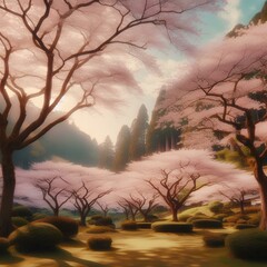 Wall Mural - A peaceful park filled with cherry blossom trees in full bloom, capturing the beauty of spring in Japan.