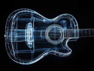 Poster - Transparent Acoustic Guitar Model in Spectacular High-Tech Design Showcasing Intricate Internal Structures and Acoustic Elements Against a Dark Background