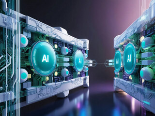 Poster - Two intricate artificial intelligence circuits are linked together in a sleek, futuristic setting. The vibrant design highlights the merging of technology and AI capabilities.