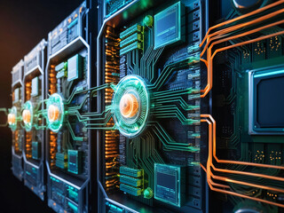 Leinwandbilder - A Close-Up View of a Futuristic Circuit Board With Glowing Elements Showcasing Advanced Technology and Intricate Designs in a Dimly Lit Environment