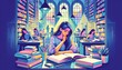 © nibelheim - Illustration of students studying in a quiet library with vibrant colors, highlighting the concept of knowledge seeking and peaceful academic environment.