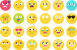 © barsrsind - different facial expressions colorful emoji icon set, happy, sad, angry, kiss, sleepy, love, crying, bored, surprised. Funny vector sticker, social media mood, emotion and feeling chat element