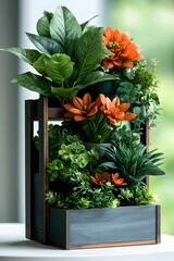 Poster - Handcrafted wooden planter box showcasing a curated collection of healthy thriving houseplants in a visually striking harmonious arrangement against a bright airy white backdrop with a soft focus