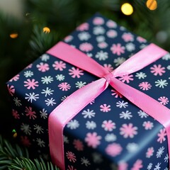 Wall Mural - Wrapped gift with pink ribbon, snowflake pattern, near Christmas tree.