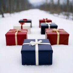 Wall Mural - Wrapped gifts in red, white, and blue resting on snow.