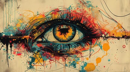 Aufkleber - vibrant artistic illustration of an eye with intricate details and colorful splashes, perfect for cr
