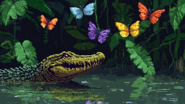 8-bit jungle crocodile snapping at colorful butterflies above the water.