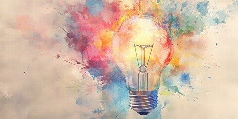 Poster - Abstract Watercolor Artwork Featuring a Vibrant Light Bulb Surrounded by Colorful Paint Splashes and Artistic Flourishes for Creative Use
