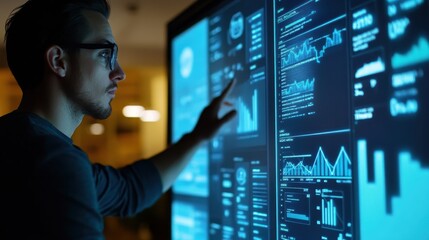 Poster - Young Digital Marketer Analyzing Data on Interactive Touchscreen Display While Monitoring Trends and Metrics in Modern Office Environment